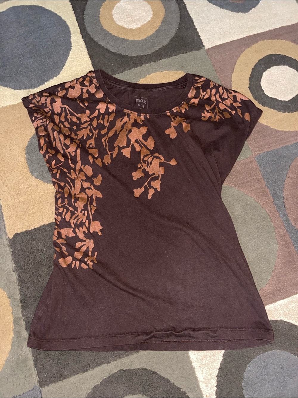 Max Studio Brown Tee with Copper Floral Accent